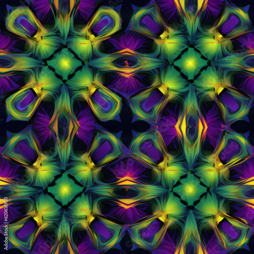 symmetrical kaleidoskopic pattern, neon colors, creating a visually stimulation. Generative AI