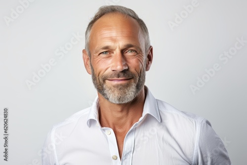 Handsome mature man with grey hair and beard looking at camera