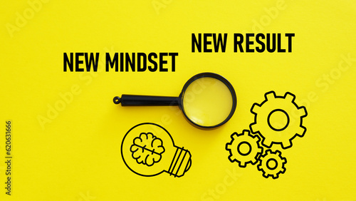 New Mindset New Result is shown using the text and picture of gears and the lamp with the brain