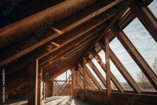 Roof made of glued laminated timber and wood rafters. Generative AI