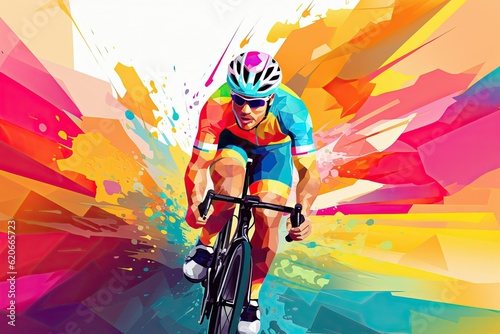 Illustration of a cyclist on an abstract bright multicolored background.