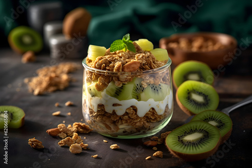 Yogurt granola parfait with sliced nuts and fresh kiwi fruits in a glass jar on dark background. Generative AI.