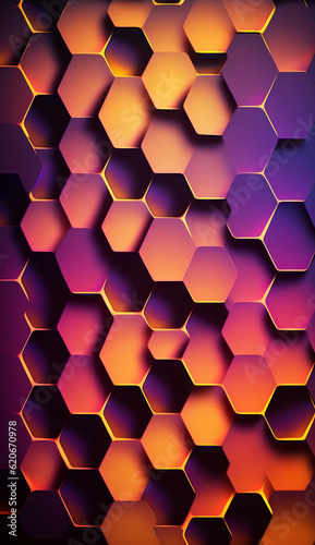 Closeup honeycomb grid texture with multi coloured neon light. Red and dark metal hexagon shaped pattern abstract background. Light modifier equipment. Metal Created using generative AI tools.