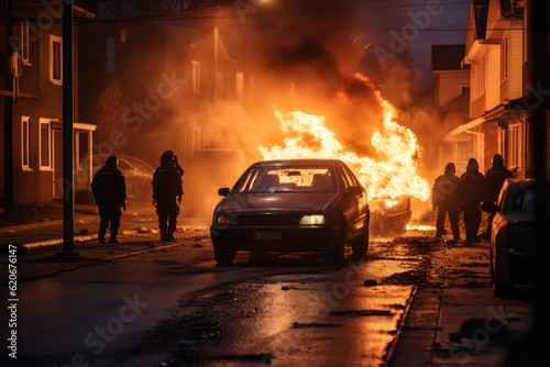 Riot protest in a ghetto suburb such as Paris or Stockholm - burning car in fire flames in the immigration region street with firemen and copy space