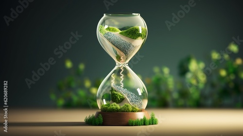 An hourglass filled with green plants, symbolizing the passage of time and growth