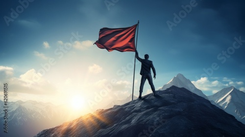 A man standing triumphantly on a mountain peak, holding a red flag