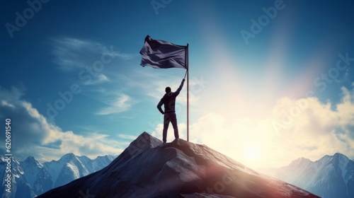 A man standing triumphantly on a mountain peak, holding a flag high in the air