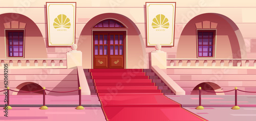 Award ceremony, red carpet, palace architecture. Carpeted ceremonial staircase, golden railing posts, stone square, arched front of the building. Columns, balcony, parapet. Cartoon vector illustration