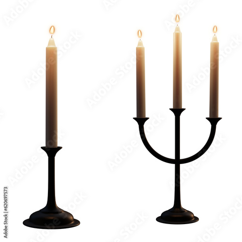 Candlestick and candelabra with illuminated candles isolated on transparent background. 3D rendering