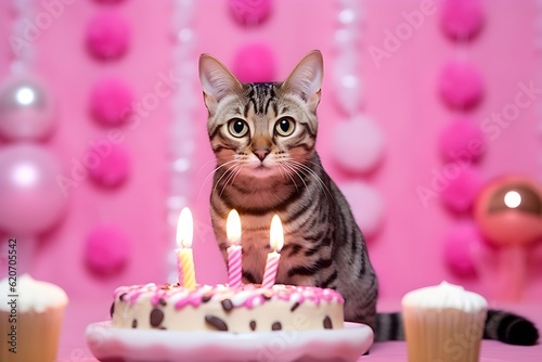 birthday greetings from a bengal cat sitting with a cake with three candles on the pink bakground
