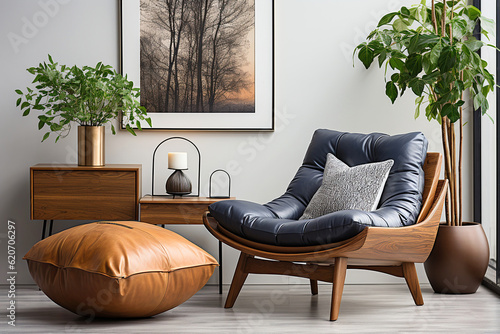 Wooden recliner chair with blue leather cushion near cabinet and side table against white wall with poster frame. Scandinavian or mid-century interior design of modern living room. Generative AI