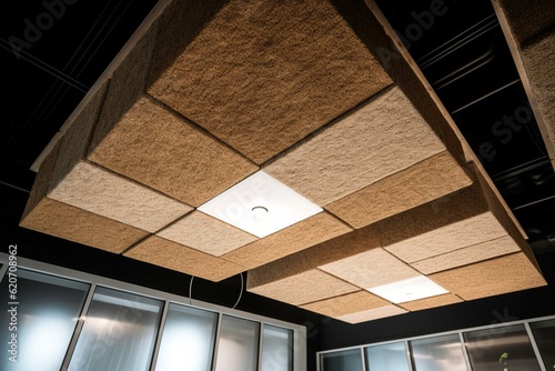 Wood wool noise reduction panels half-mounted on office ceiling for acoustic insulation. Generative AI