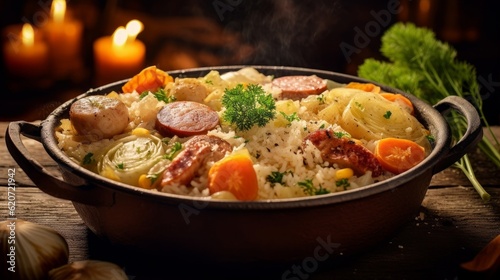 Choucroute Garnie with steaming sauerkraut, sausages, and side vegetables on a rustic wooden table