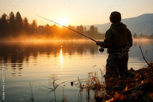 A man is a fisherman on a fishing trip. Background with selective focus and copy space