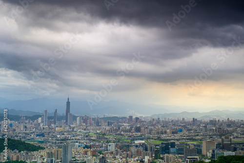 Dramatic Cloudscape in the City Sky on a Cloudy Day. Overlooking the urban landscape from Neihu Bishanyan. Taipei, Taiwan