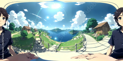 people in the park with cute cat | anime scene of two people sitting on a bench looking out a window, wide panoramic shot, ((fish eye)), myst island, clear sunny day, perfect symmetrical image, けもの.