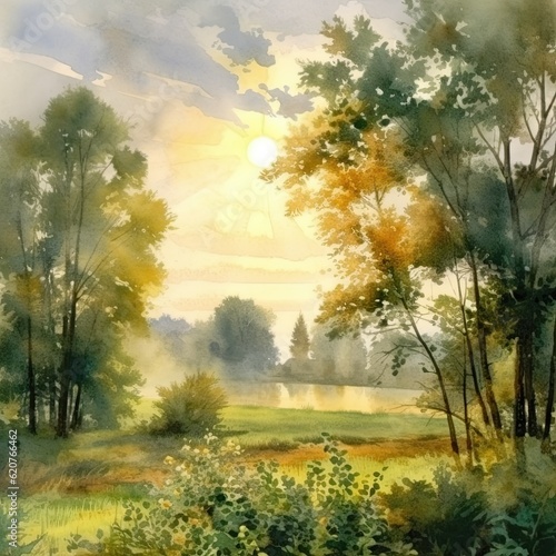Watercolor sun in autumn