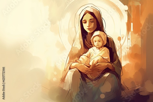 Photo illustration of the Orthodox Mother of God Virgin Mary with the baby biblical picture AI