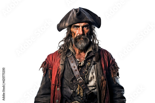man is an old bearded pirate in a hat on a white isolated background. Generative AI illustration