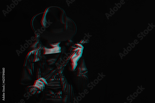 Sexy female dominant mistress with whip for BDSM sex with submission and domination in noir style on dark background. Black and white with 3D glitch virtual reality effect