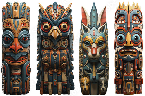 different indian colorful and artfully crafted totem poles on a transparent background, Generative AI