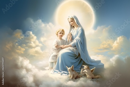 Photo illustration of the Orthodox Mother of God Virgin Mary with the baby biblical picture AI