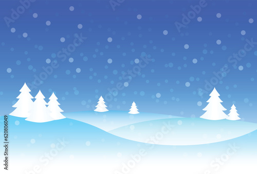 Snowflakes and winter background, winter landscape, christmas tree. 