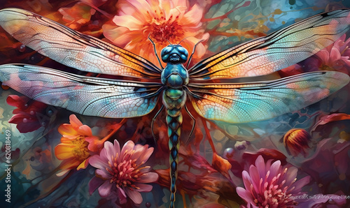  a painting of a dragonfly on a flowery background. generative ai
