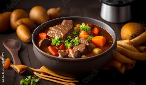Delicious beef stew background. Generative AI