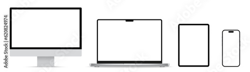 Computer, laptop, tablet, smartphone, phone set. Device screen set. Desktop. Realistic Smartphone, Laptop, Computer vector illustration