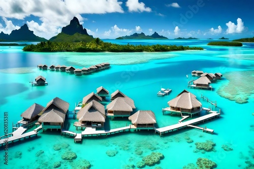 A peaceful and tranquil lagoon in Bora Bora, French Polynesia, with crystal-clear waters and overwater bungalows dotting the shoreline