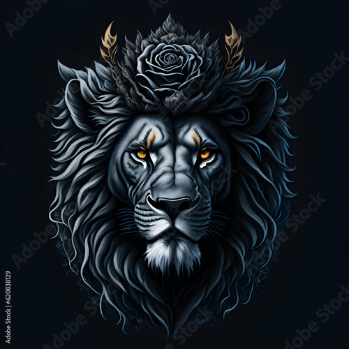 A majestic lion adorned with a crown of enchanting black roses, Generative Ai illustration 