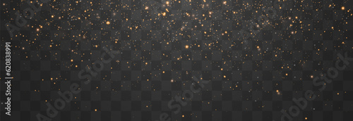 Magical light dust, dusty shine. Flying particles of light. Christmas light effect. Sparkling particles of fairy dust glow in transparent background. Vector illustration on png.
