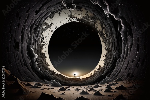 Astronaut looks at black hole in space devouring space and black matter. Interstellar space, hot ionized gas around a black hole. Distortion of space and time. Generative AI
