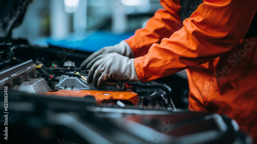 Selective focus hands in gloves of expert technician electric car, EV car while opened A used Lithium-ion car battery before its repair. ai generative