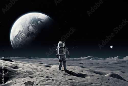 Astronaut in space suit walking on Moon surface