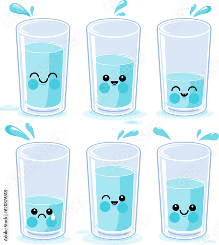 Cartoon glasses of water. Vector illustration set
