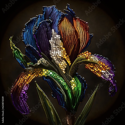 Beaded brooch in the form of iris flower. Beautiful brooch from glass beads.