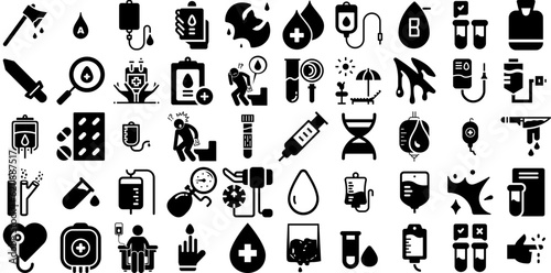 Mega Set Of Blood Icons Set Hand-Drawn Solid Modern Silhouettes Icon, Pest, Blood Test, Health Element Isolated On White Background