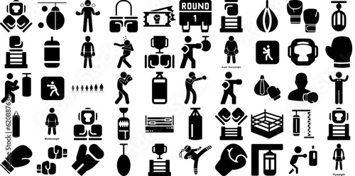 Massive Set Of Boxing Icons Collection Isolated Modern Signs Silhouette, Icon, Equipment, Glove Element Isolated On White