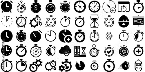 Massive Set Of Stopwatch Icons Pack Linear Simple Silhouette Symbol, Thin, Icon, Tool Pictograms Isolated On White Background