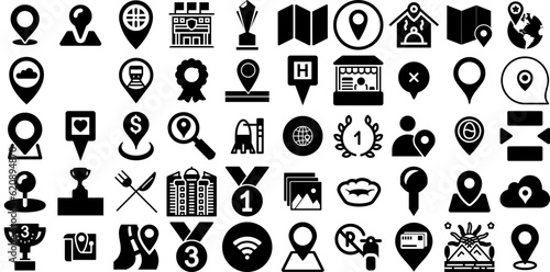 Mega Set Of Place Icons Set Hand-Drawn Black Modern Signs Icon, Mark, Symbol, Note Pictogram For Apps And Websites