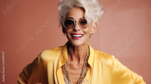 Beautiful middle age woman on isolated over orange color background.