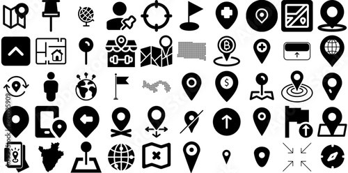 Big Collection Of Location Icons Collection Linear Vector Pictogram Geolocation, Navigator, Pointer, Orientation Signs Isolated On Transparent Background