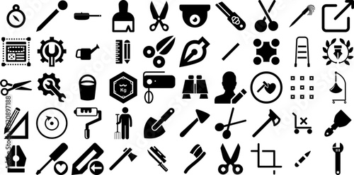 Huge Collection Of Tool Icons Set Hand-Drawn Isolated Concept Symbol Trimming, Engineering, Set, Tool Element For Apps And Websites