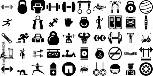 Mega Collection Of Fitness Icons Set Hand-Drawn Black Simple Symbols Silhouette, Icon, Health, Bicep Symbol Vector Illustration