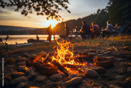 campfire in the forest near the lake