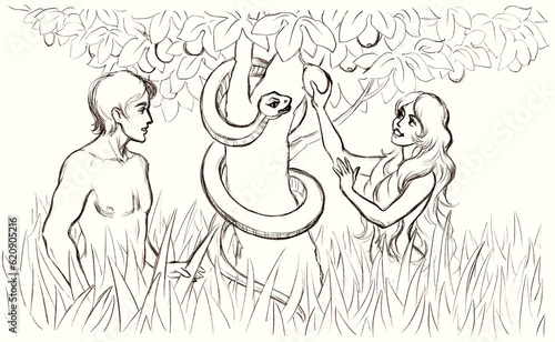 Adam and Eve near the tree of the knowledge of good and evil. Pencil drawing