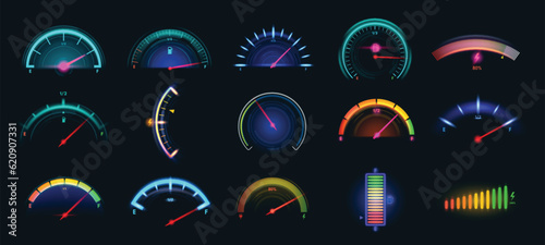 Car dashboard meter designs. Colorful speedometer, fuel gauge and battery level indicators vector illustration set