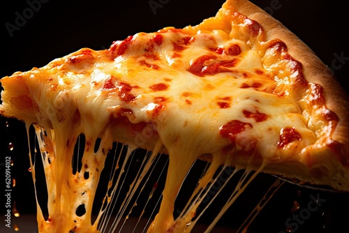 Close-up of a cheese pizza slice being lifted, showcasing the stretchy cheese. Generative AI
